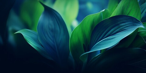 Close-up detail macro texture bright blue green leave tropical forest plant spathiphyllum cannifolium in dark nature background.Curve leaf floral botanical abstract desktop wallpaper,w : Generative AI