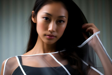 a beautiful asianwoman in a white dress, strong facial expression, dark white and dark brown, simple, multi-layered
