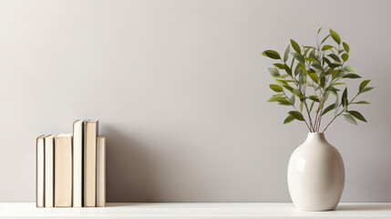 Vase book and pot on a shelf plant in a vase. white wall - obrazy, fototapety, plakaty
