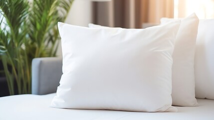 Closeup white pillow on fabric sofa, selective focus. : Generative AI