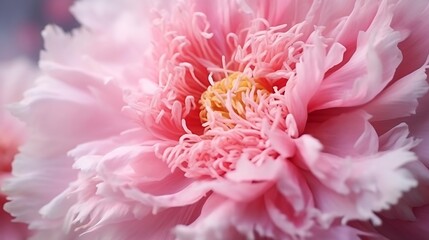close up of beautiful pistils and stamens heavy with pollen pink peony flower : Generative AI - obrazy, fototapety, plakaty