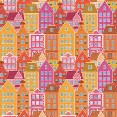 Fototapeta premium Seamless Scandinavian town pattern. Endless background with cute small houses. Repeating print of sweet homes in Nordic Scandi style. Repeatable texture. Colored flat vector illustration