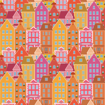 Seamless Scandinavian town pattern. Endless background with cute small houses. Repeating print of sweet homes in Nordic Scandi style. Repeatable texture. Colored flat vector illustration © Arhipteia