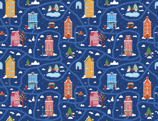 Seamless Scandinavian town pattern. Endless background with cute small houses, trees. Repeating print of sweet homes in Nordic Scandi style. Repeatable texture. Colored flat vector illustration