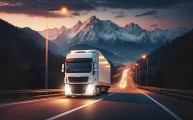 Blue Long Haul Semi-Truck with Cargo Trailer Full of Goods Travels At Night on the Freeway Road, Driving Across Continent