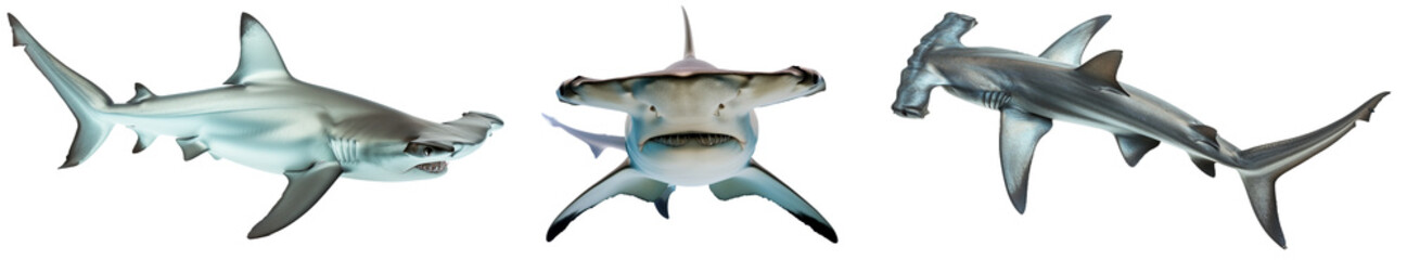 Hammerhead shark collection (side, front, top view) isolated on a white background, marine animal bundle