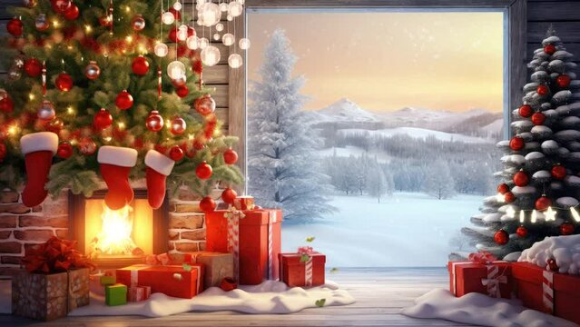 animated fireplace with christmas decorations. seamless looping time-lapse virtual video 4K animation background.