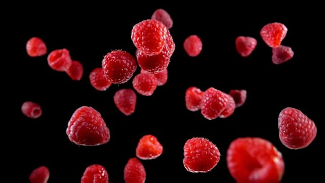 Appetizing raspberries bouncing with splashes of water on the black background