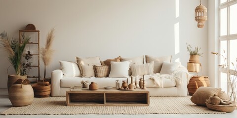 Fototapeta na wymiar Modern luxury, minimal, elegant, neutral, cozy, white bohemian, boho living room with a sofa and plants. soft earthy colors, Interior design inspiration.