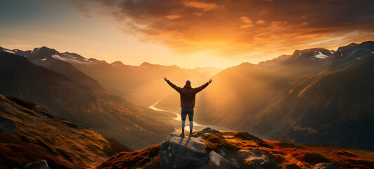 Man with arms up celebrating on top of the mountains - Hiker enjoying freedom on a hill at sunset - Freedom, sport, success and mental health concept