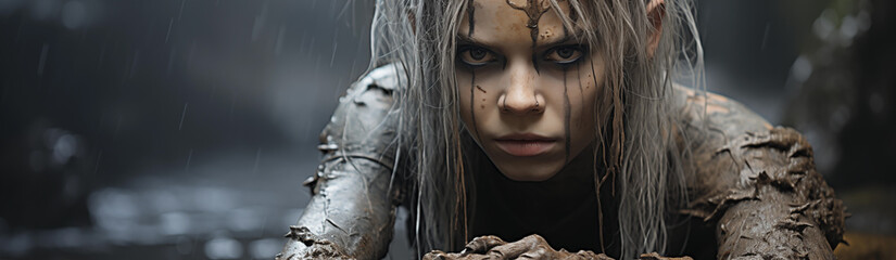 Close-Up Of A Girl Crawling Through The Mud.  Generative AI