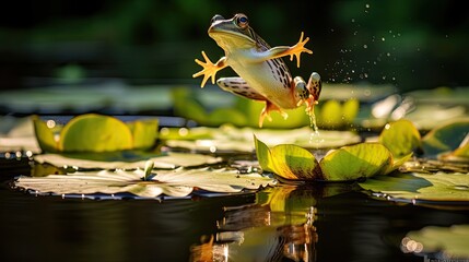 A frog leaping mid-air across vibrant lily pads in a sunlit pond - obrazy, fototapety, plakaty