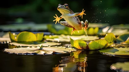 Fotobehang A frog leaping mid-air across vibrant lily pads in a sunlit pond © MAY