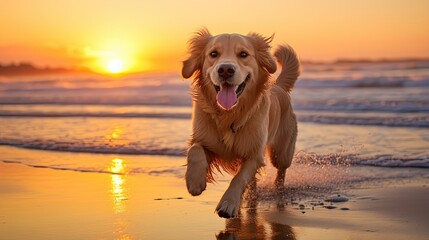 A golden retriever enjoying a beach day at sunset