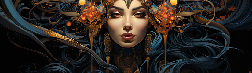 Stylish Image Of A Queen In A Headdress With Jewelry. Illustration On A Fantasy Theme, Fashion, Art.
