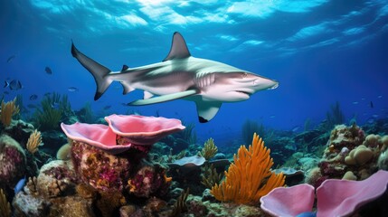 A hammerhead shark patrolling a tropical reef
