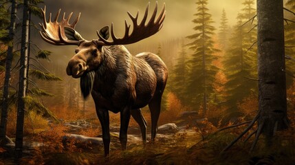 A majestic moose in the heart of a dense Canadian forest