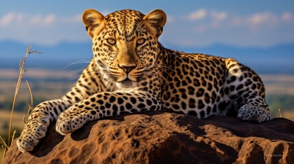 A sleek leopard lounging on a moss-covered rock in the heart of the African savannah