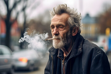 Older man smoking a cigarette on the street - Powered by Adobe