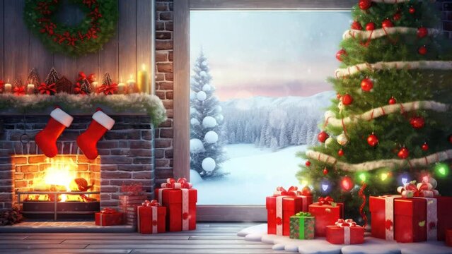 animated fireplace with christmas decorations. seamless looping time-lapse virtual video 4K animation background.