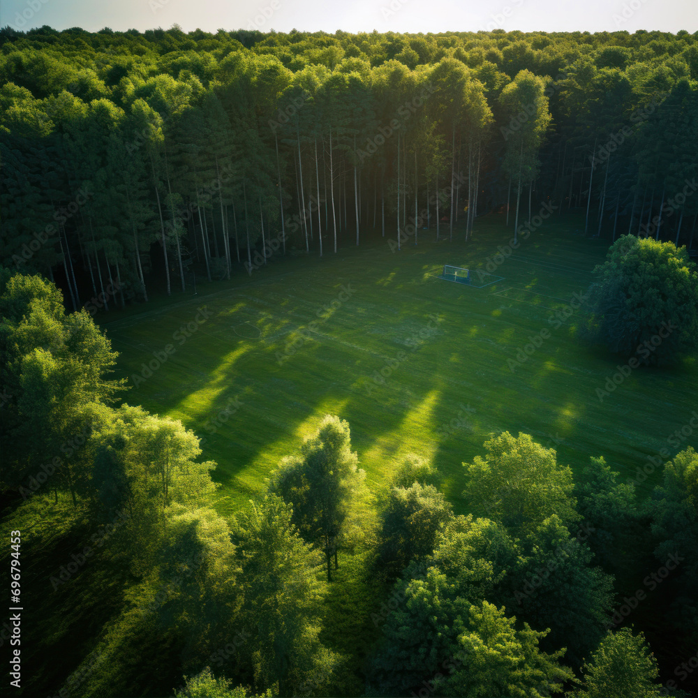 Wall mural aerial view of a green field in the middle of a forest
