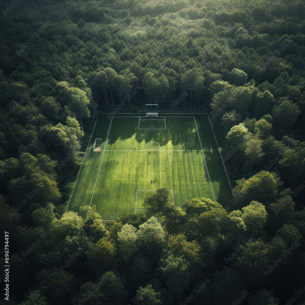 Wall mural aerial view of a soccer field in the middle of a forest