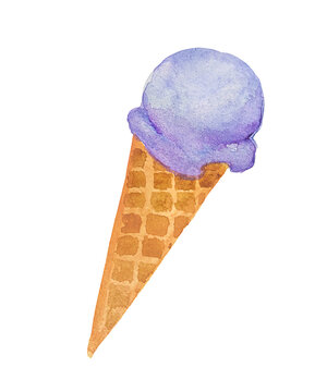  Hand painted watercolor illustration of  Ice cream  , sundae, blueberry ice cream cone, purple ice cream balls, dessert, watercolor illustration, huckleberry 