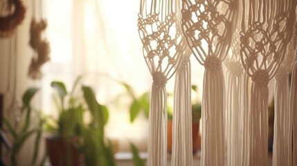 Bohemian Macrame Plant Hanger in Cozy Room. Intricate macrame plant hanger adding a boho touch to a cozy room filled with indoor plants and vintage decor.