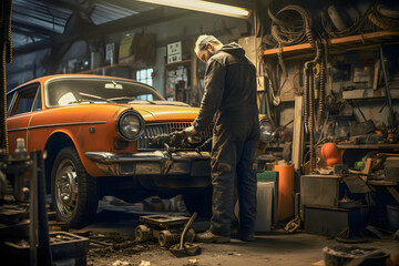 Man repairing car in mechanical workshop