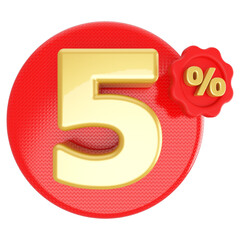5 percentage discount number gold with red label 3d render