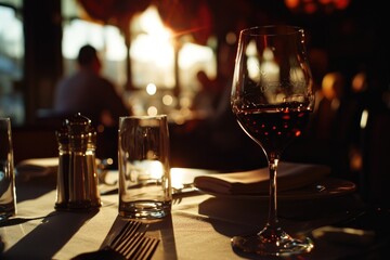 Elegant Glass of Wine Sitting on Table in Elegant Upscale Restaurant, Fine Dining Wine - obrazy, fototapety, plakaty