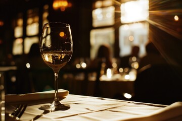 Elegant Glass of Wine Sitting on Table in Elegant Upscale Restaurant, Fine Dining Wine - obrazy, fototapety, plakaty