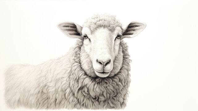Sheep on white background, black and white image. Digital painting.