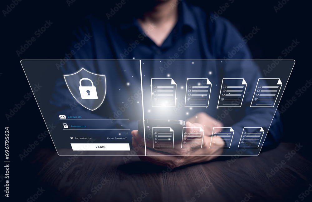 Poster cyber security and security password login online concept hands typing and entering username and pas