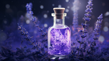 Obraz na płótnie Canvas Lavender essential oil in a bottle