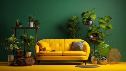 interior with yellow sofa and plants