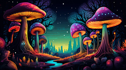 Illustration of magical psychedelic mushrooms