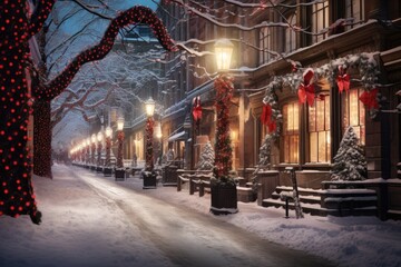 Fototapeta na wymiar Winter Night in the City, Illuminated Street Lampposts and Decorations