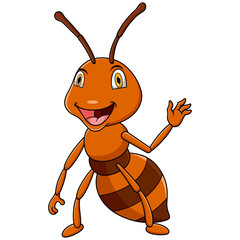 Cute ant cartoon waving on white background