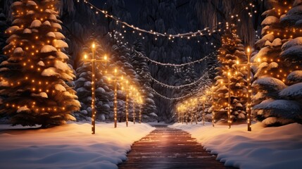Enchanting Christmas Pathway - Snowy Night Scene with Fairy Lights