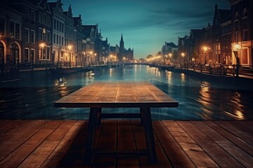 Peaceful evening on a wooden bench overlooking the canal - obrazy, fototapety, plakaty