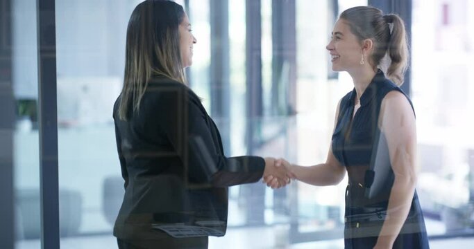 Handshake, women and agreement in business with collaboration, communication for integration and congratulations. B2b, partner introduction and support, team shake hands for recruitment and thanks