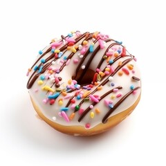 Isolated decorated donut on white background with white frosting and colorful sugar sprinkles