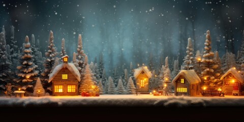A cozy winter night in a snowy village with Christmas lights twinkling