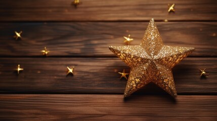 Fototapeta na wymiar Shiny Gold Star on a Brown Wooden Background