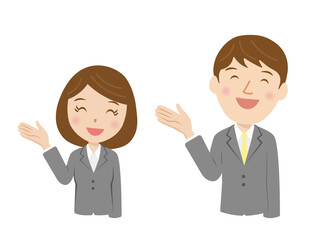 スーツを着た就活生、新入社員、案内、男女、笑顔