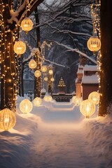 Enchanting Pathway Illuminated by Glowing Lights in the Snow