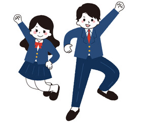 ジャンプをする女子学生と男子学生。