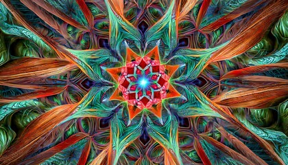 bristling star a circualar fractal creation with a geometric psychedelic star design in red orange blue and green