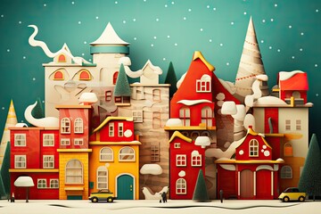 Naklejka premium A snowy town with Christmas decorations and a variety of buildings
